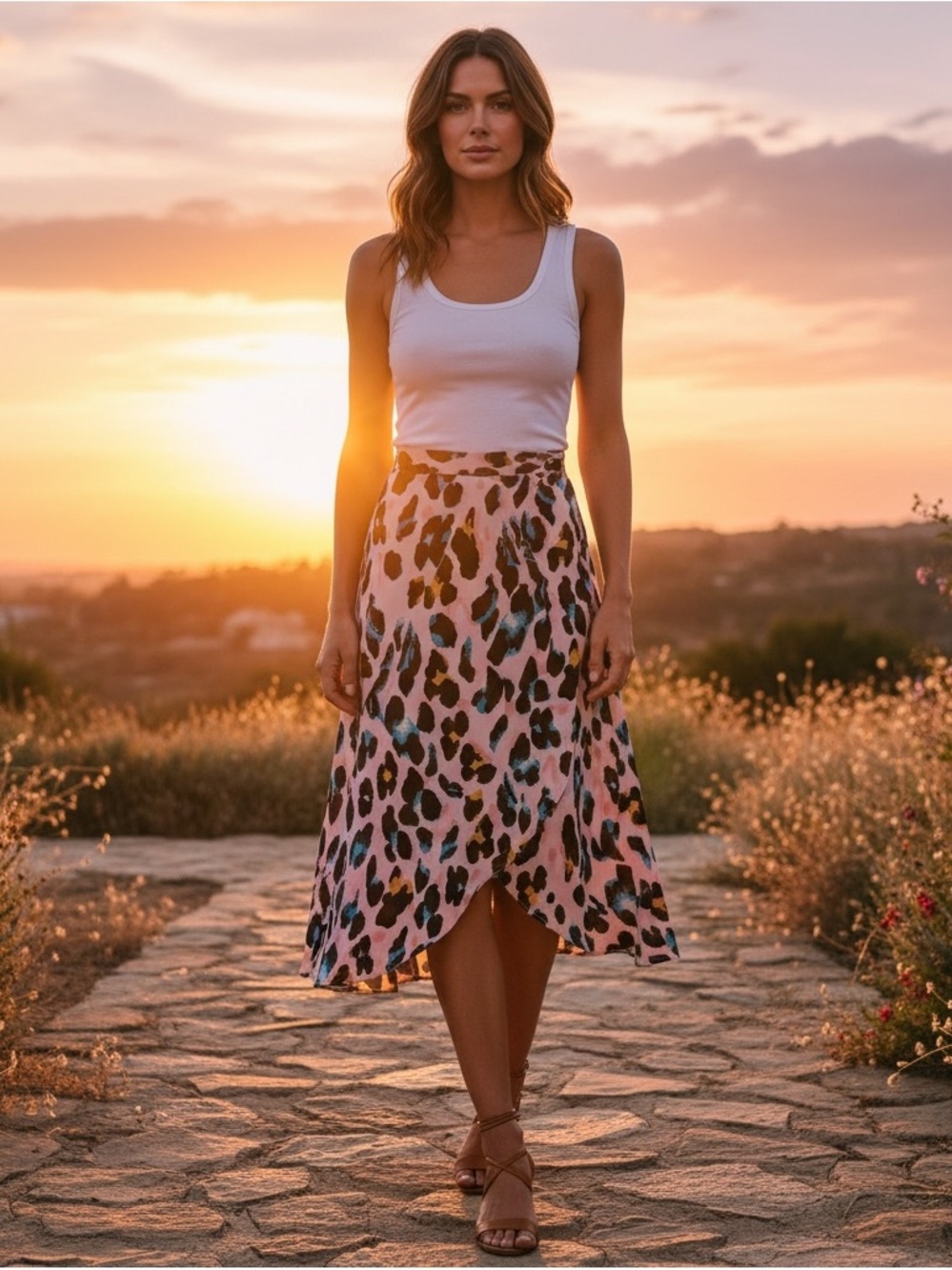 Pink Leopard-Print Midi Skirt with Tulip Hem